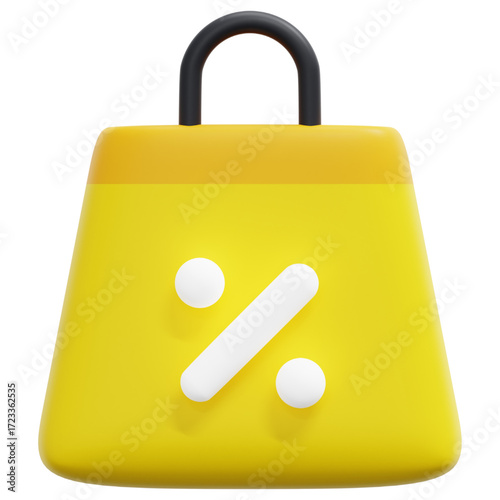 3D illustration of a yellow shopping bag with a white percentage sign, symbolizing discounts, sales, and promotions, perfect for e-commerce and marketing materials