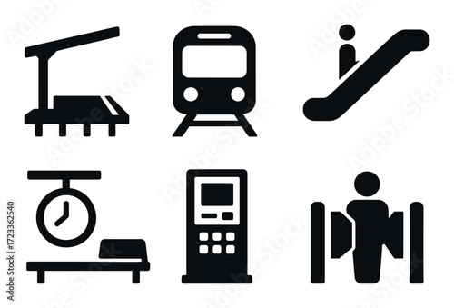 Public transport icons: train station, escalator, clock, ticket machine, turnstile