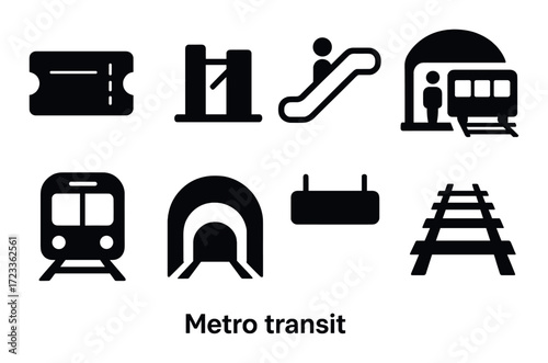 Metro transit icons: ticket, turnstile, escalator, train, tunnel, platform, tracks
