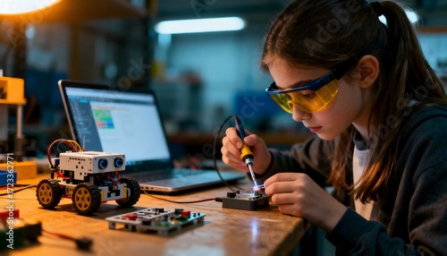 Girl in a makerspace soldering a robot, symbolizing STEM learning, skills for resilient cities and tech access; clean tabletop and blurred background allow copy space.
