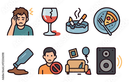 Male expressing hangover and party aftermath with broken glass red wine and messy living room
