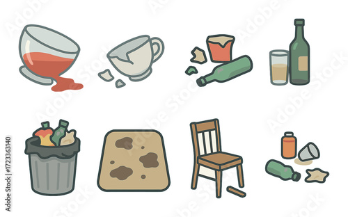 Broken glass and spilled drinks on grunge background
