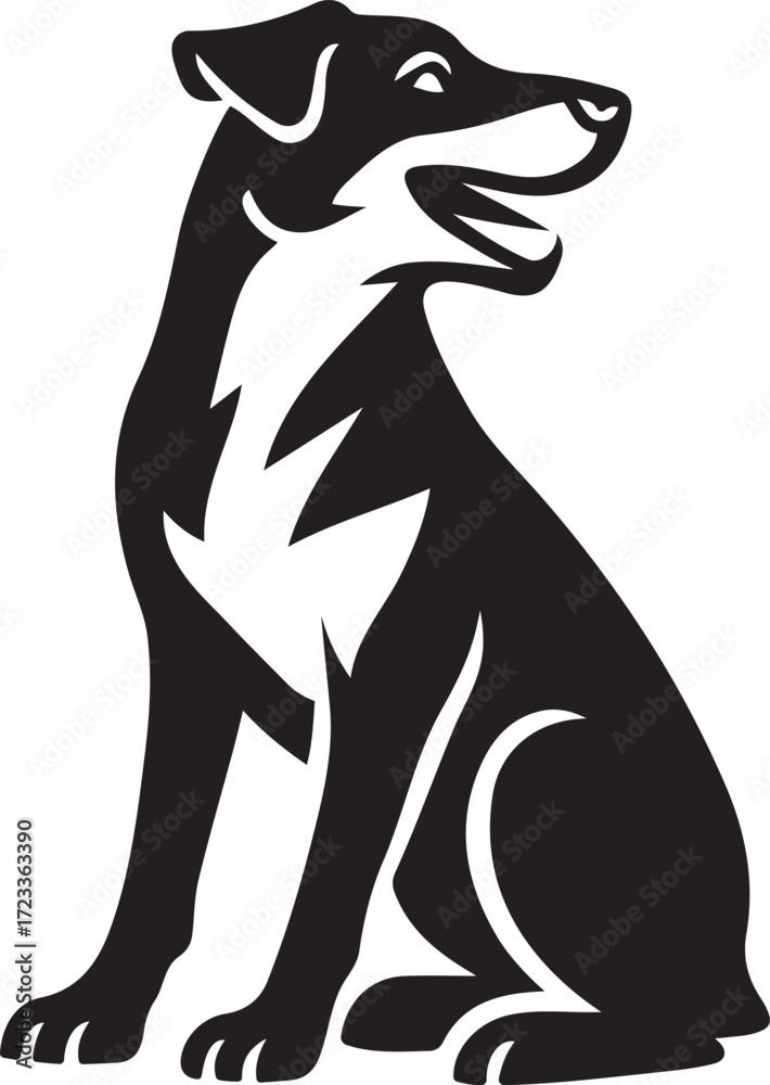 Obraz premium Sitting dog silhouette with open mouth, Playful dog black vector design