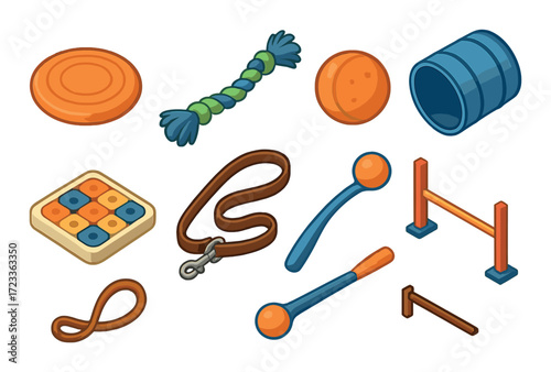 Colorful collection of dog toys and accessories on gradient background