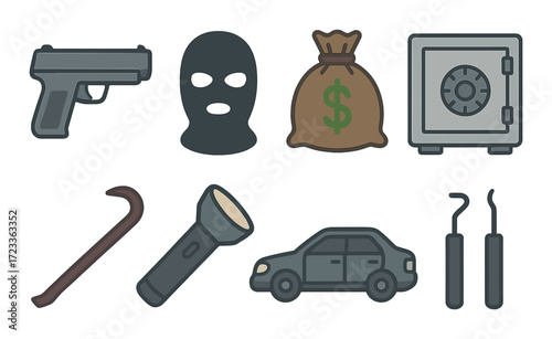 Crime tools and symbols: gun, mask, money bag, safe, crowbar, flashlight, car, lock picks