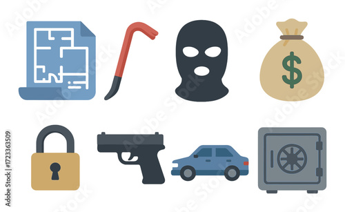 Crime heist elements with money, lock, and mask icons