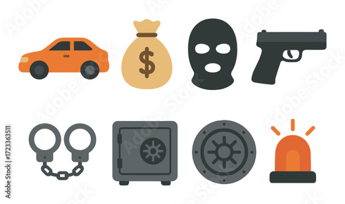 Crime icons: car, money bag, mask, gun, handcuffs, safe, vault door, siren