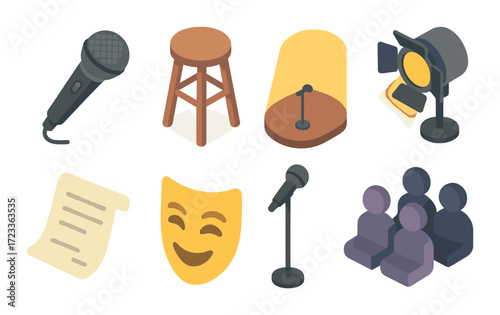 Comedy club icons - microphone, stool, stage, spotlight, script, mask, stand, audience