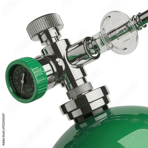 Close up of a medical oxygen tank regulator valve with pressure gauge and green knob isolated on transparent background