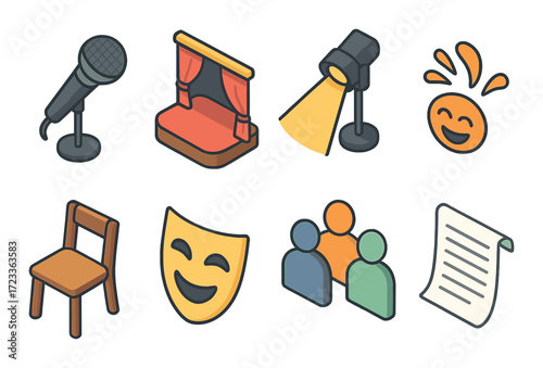 Colorful theater icons: microphone, spotlight, comedy mask, stage, and more