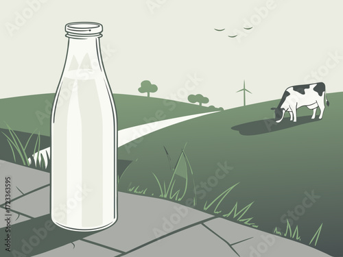 Cow herd grazing in blossom field at beautiful sunset time, healthy nutritious breakfast milk. Oat Milk in the glass. Vegan concept. Farming eating cow milk bottle