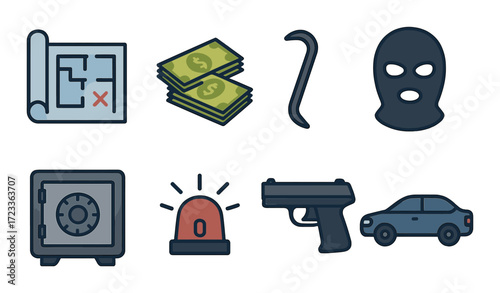Illustrated heist icons featuring plan, cash, crowbar, mask, safe, alarm, gun, and car