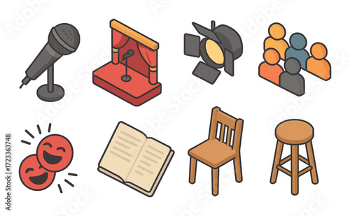 Theater icons: microphone, stage, spotlight, audience, comedy, book, chair, stool