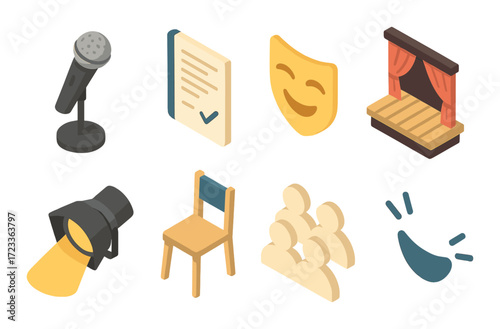 Theater icons: microphone, script, comedy mask, stage, spotlight, chair, audience, applause