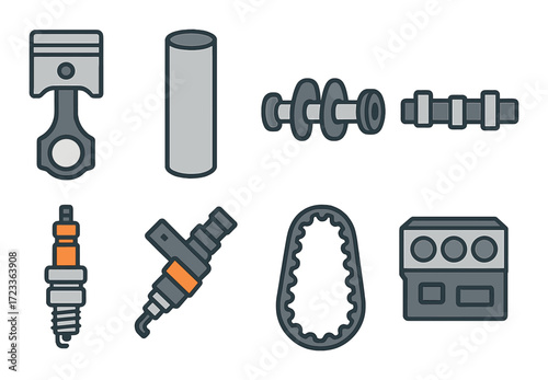 Illustrated automotive engine components - piston, spark plug, crankshaft, camshaft, belt, cylinders