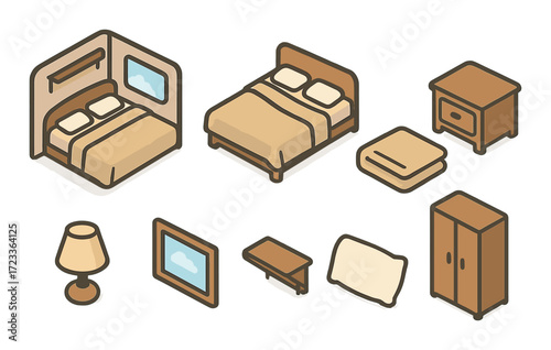 Isometric bedroom furniture set with bed, lamp, wardrobe, and decor