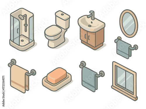 Bathroom icons: shower, toilet, sink, mirror, towels, soap, window