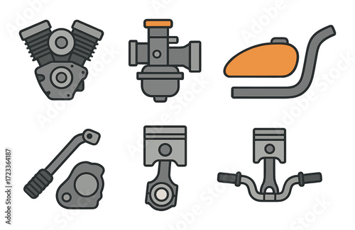 Stylized motorcycle parts illustration with engine cylinder and fuel tank icons