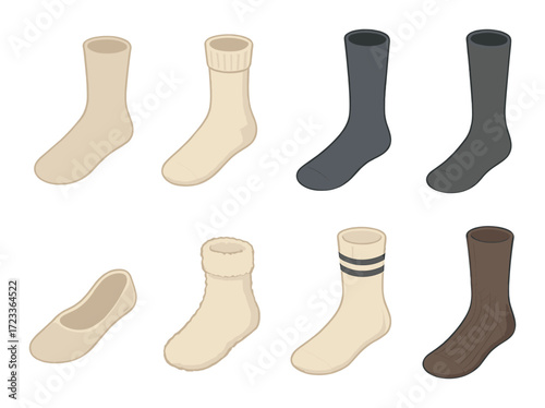 Collection of eight varied sock designs in neutral and dark shades
