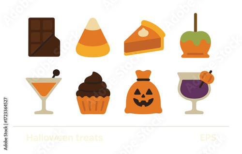 Halloween treats: candy corn, chocolate, pumpkin pie, candy apple, cupcake, cocktails