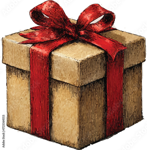 a gift box with a red ribbon, brown paper, and a linen texture on a white background. hand-drawn illustration style