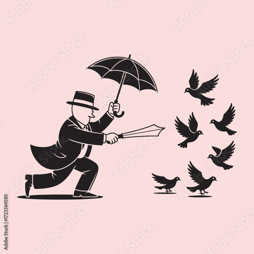 Man in suit holding umbrella and sword facing flock of birds vector