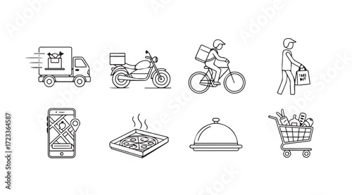 Diverse delivery methods and food service icons silhouette