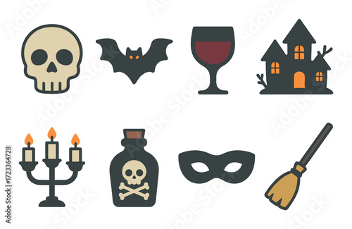 Halloween icons: skull, bat, haunted house, wine, candle, broom, potion, mask