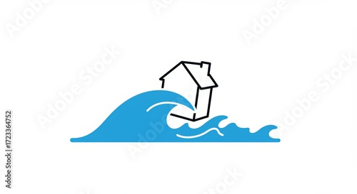 House engulfed by powerful ocean waves signifying natural disaster and risk