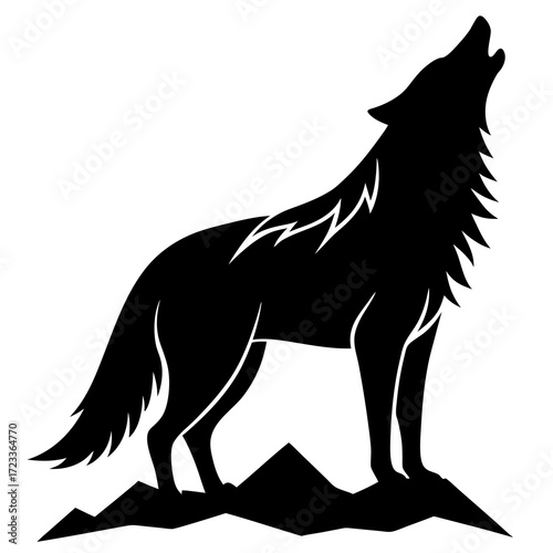 Black silhouette of a wolf howling on rocky terrain