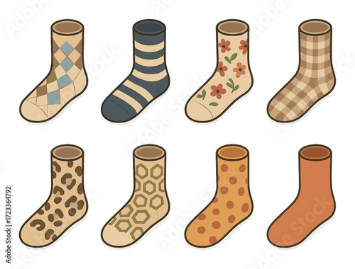 Set of eight stylish patterned socks on gradient brown background