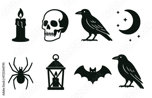 Halloween icons: candle, skull, raven, moon, spider, lantern, bat silhouettes