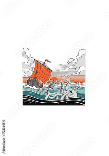 Cartoon Viking Ship Battles Giant Kraken Sea Monster
