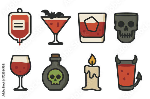 Halloween drink icons featuring skulls bats candles and blood bags