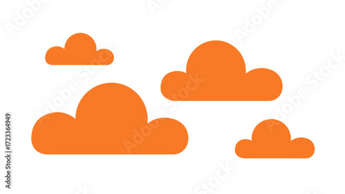 Minimalist orange cloud icons, flat design vector set on white background, weather and digital concept illustration