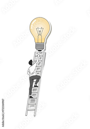 Man Climbing Ladder Towards Bright Idea Lightbulb Vector