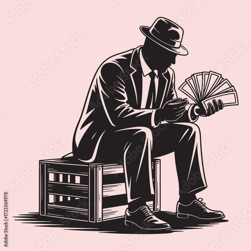 Silhouette man in suit and hat holding fan of money sitting on wooden crate vector