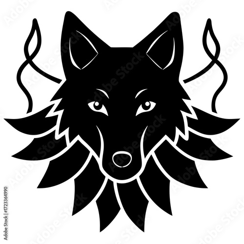 Stylized black wolf head with ornate mane and swirls