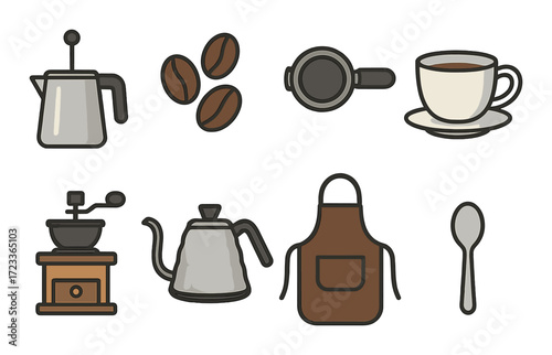 Coffee brewing essentials with grinder, pot, cup, beans, and spoon icons