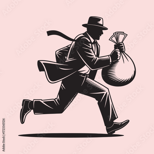 Silhouette of a man in a hat and suit running with a bag of money bag cash