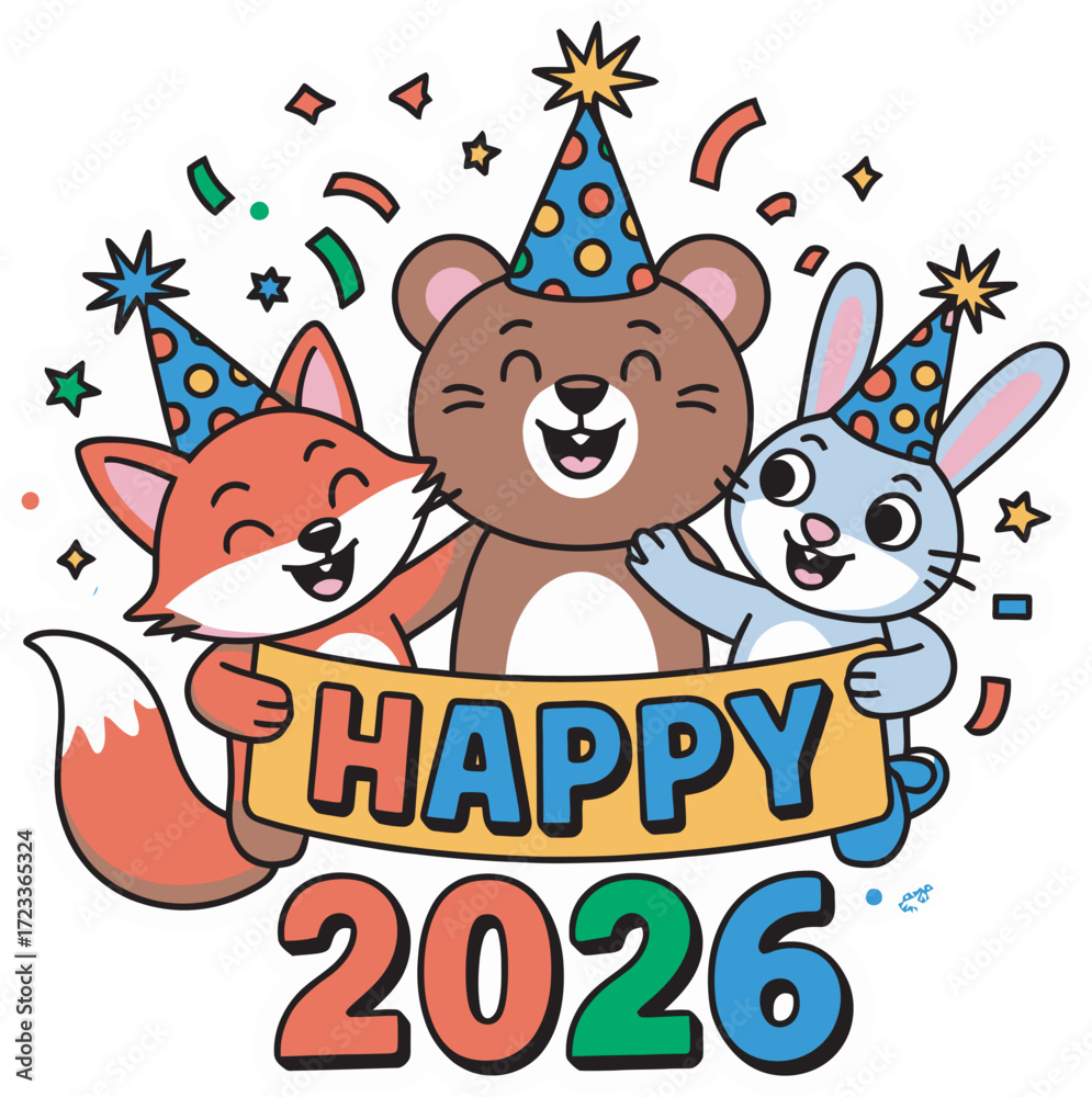 Fototapeta premium Cheerful Animals Celebrating New Year 2026 with Confetti and Party Hats Illustration