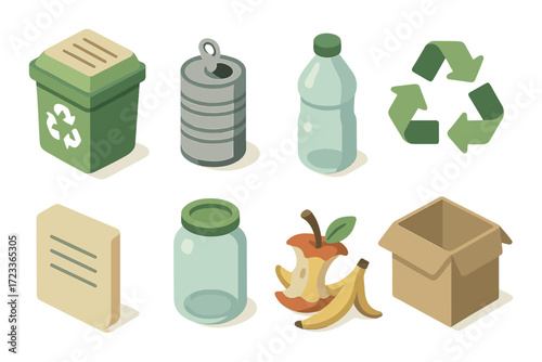 Isometric icons of recycling containers and symbols in eco-friendly design