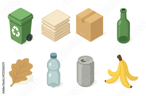 Recycling icons: paper, glass, plastic, metal, organic waste with leaf and bin