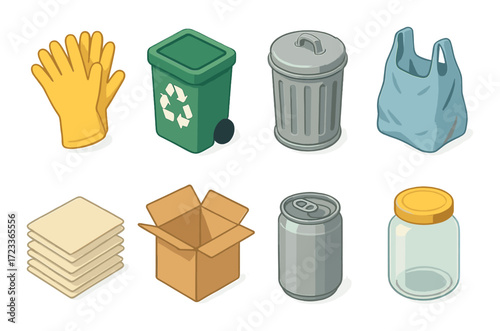 Recycling icons: gloves, bin, trash, plastic, paper, box, can, jar