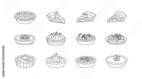Collection of delicious desserts and cakes in a simple line drawing silhouette