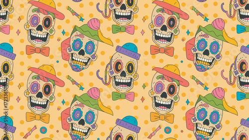 Day of the Dead Skull Pattern with Hats, Bowties, and Floral Details on Light Orange