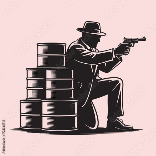 Black silhouette of a man in a fedora and suit aiming a pistol behind stacked barrels vector