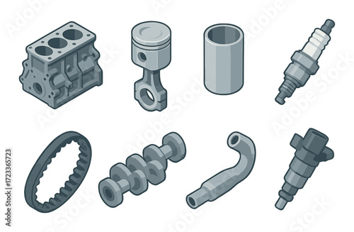 Collection of automotive engine parts including pistons and spark plug on dark background