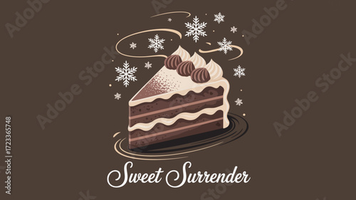 Indulge in Sweet Surrender A Decadent Chocolate Cake Slice with Creamy Frosting and Snowflakes