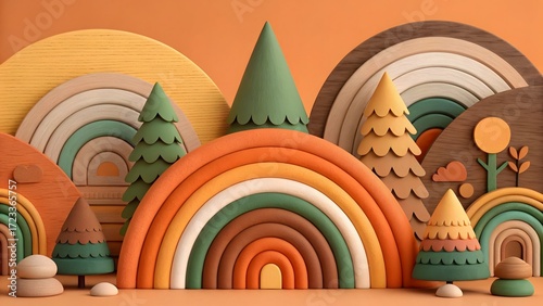 Whimsical autumn rainbow arch and forest scene